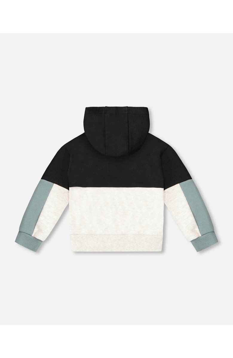 Deux par Deux Little Boy's French Terry Color Block Full Zip Hoodie Cardigan Sweatshirt Black, Teal And Shimmer, Alternate, color, 
