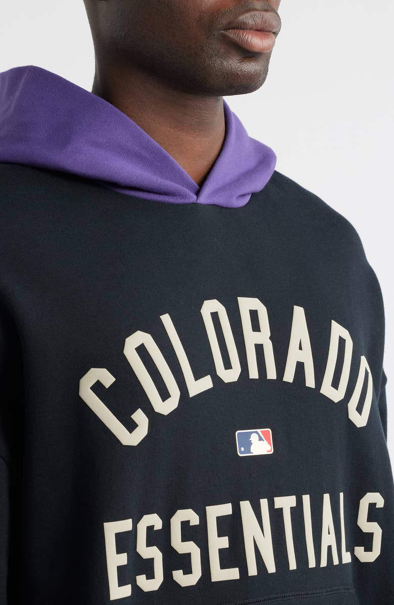 Fear of God Essentials x MLB Rockies Sport Fit Graphic Hoodie, Alternate, color, Vintage Black/ Purple Reign