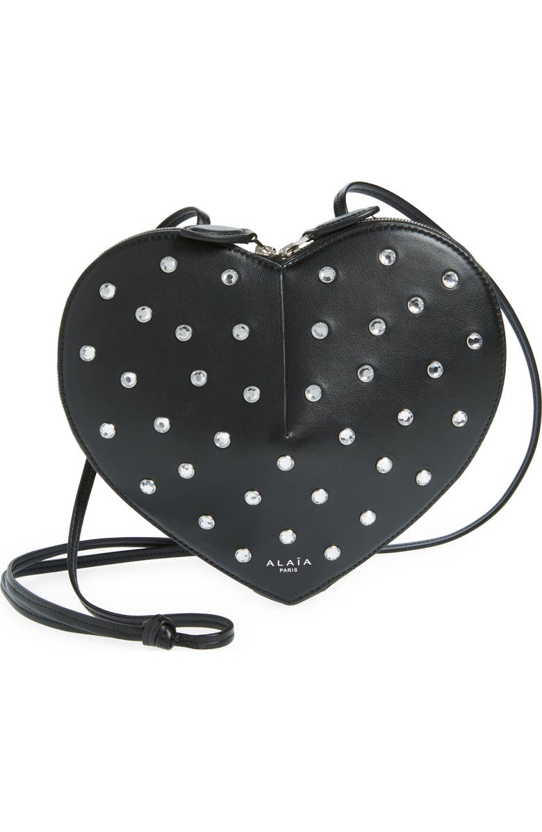 Alaïa Le Coeur Crystal Embellished Lambskin Leather Crossbody Bag, Main, color,