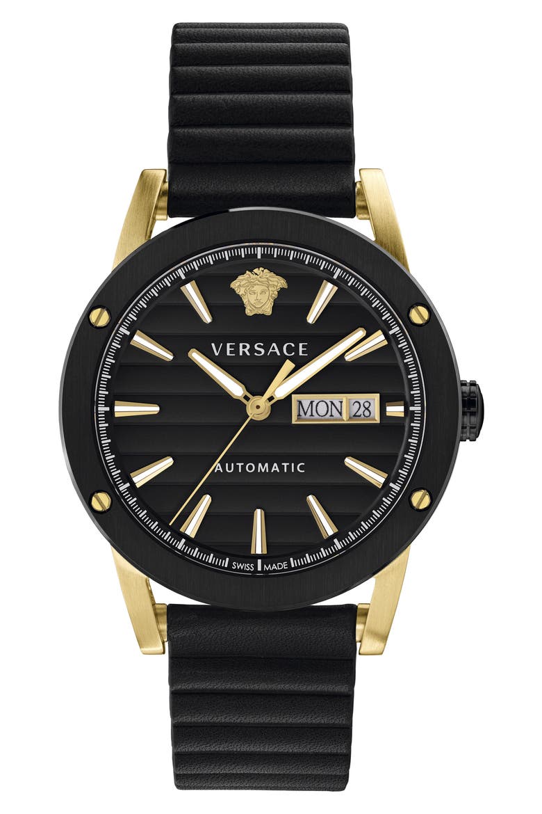 Theros Automatic Leather Strap Watch, 42mm, Main, color, BLACK