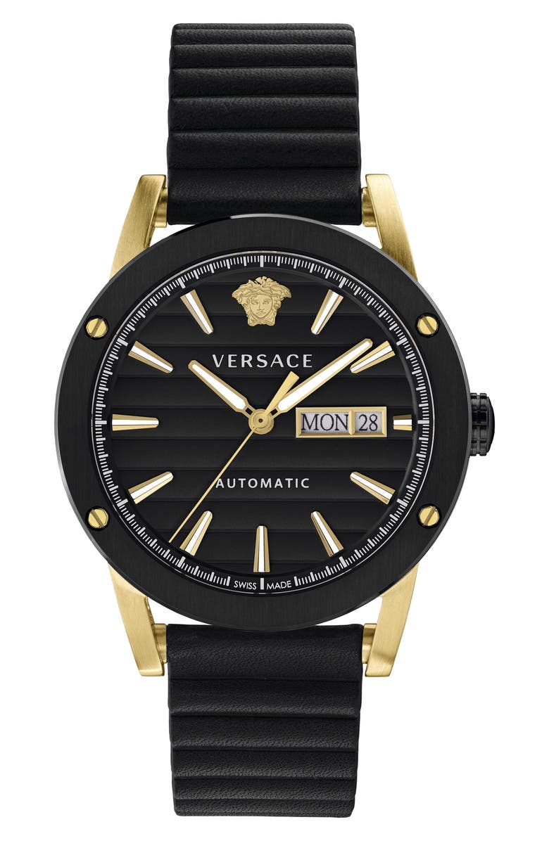 Versace Theros Automatic Leather Strap Watch, 42mm, Main, color, 