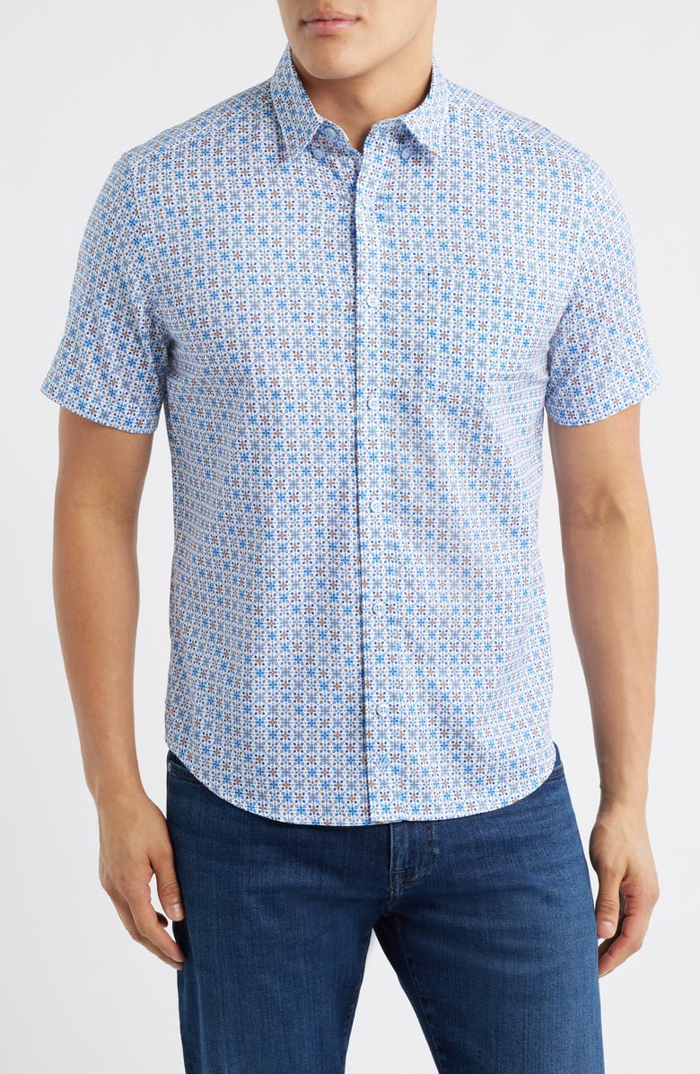 Johnston & Murphy Logan Print Button-Up Shirt, Main, color, Blue / Orange Geo Floral