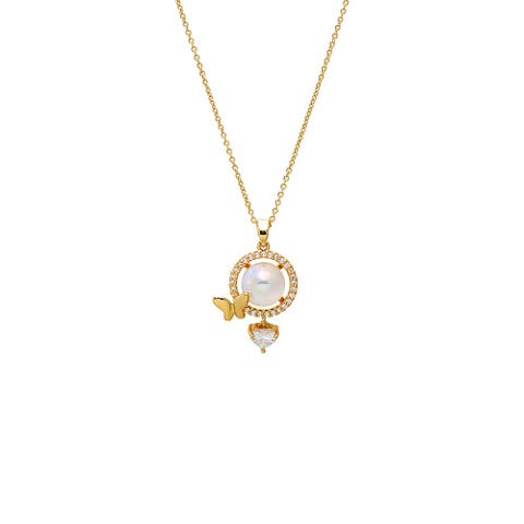 Pave Circle Butterfly Pearl Pendant Necklace