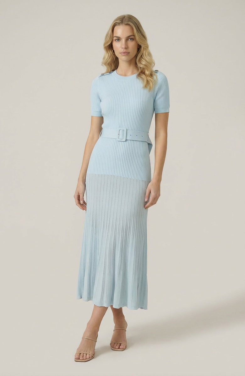 Modenaire Ribbed Knit Belted Waist Pleated Midi Dress, Main, color, Pastel Blue