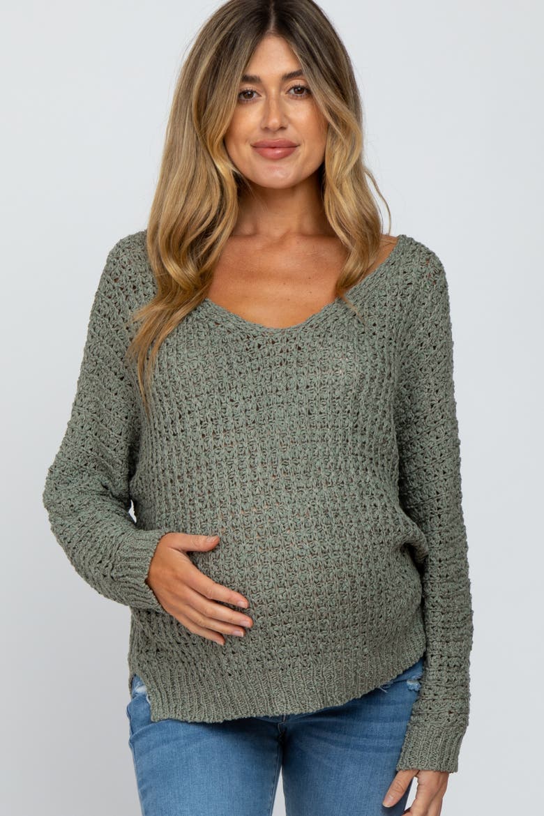 V-Neck Side Slit Thick Knit Sweater, Main, color, Olive Green
