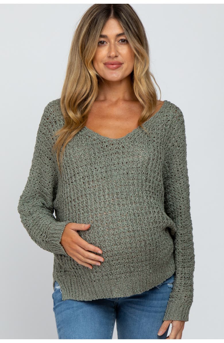 PinkBlush V-Neck Side Slit Thick Knit Sweater, Main, color, Olive Green