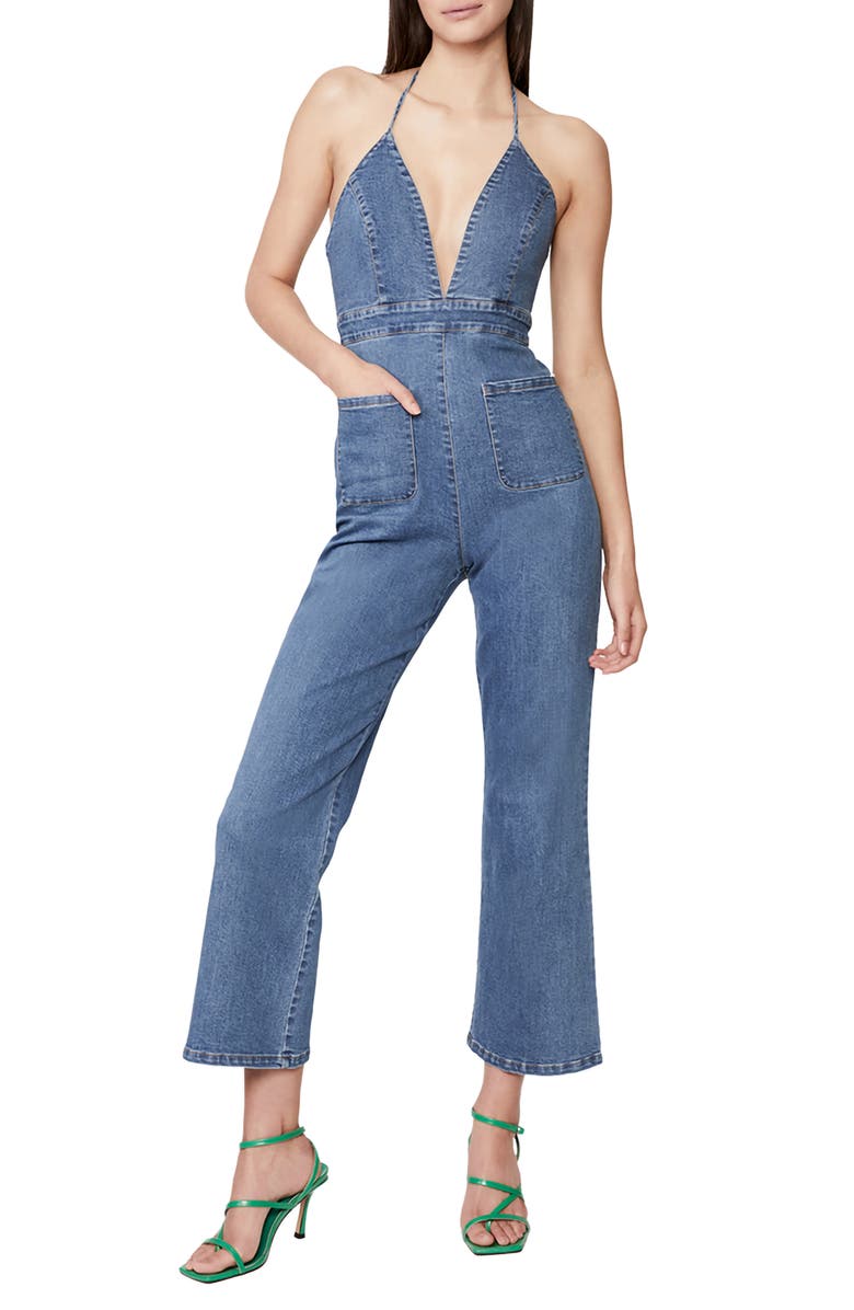 Bardot Lina Halter Denim Flare Leg Jumpsuit, Main, color, 