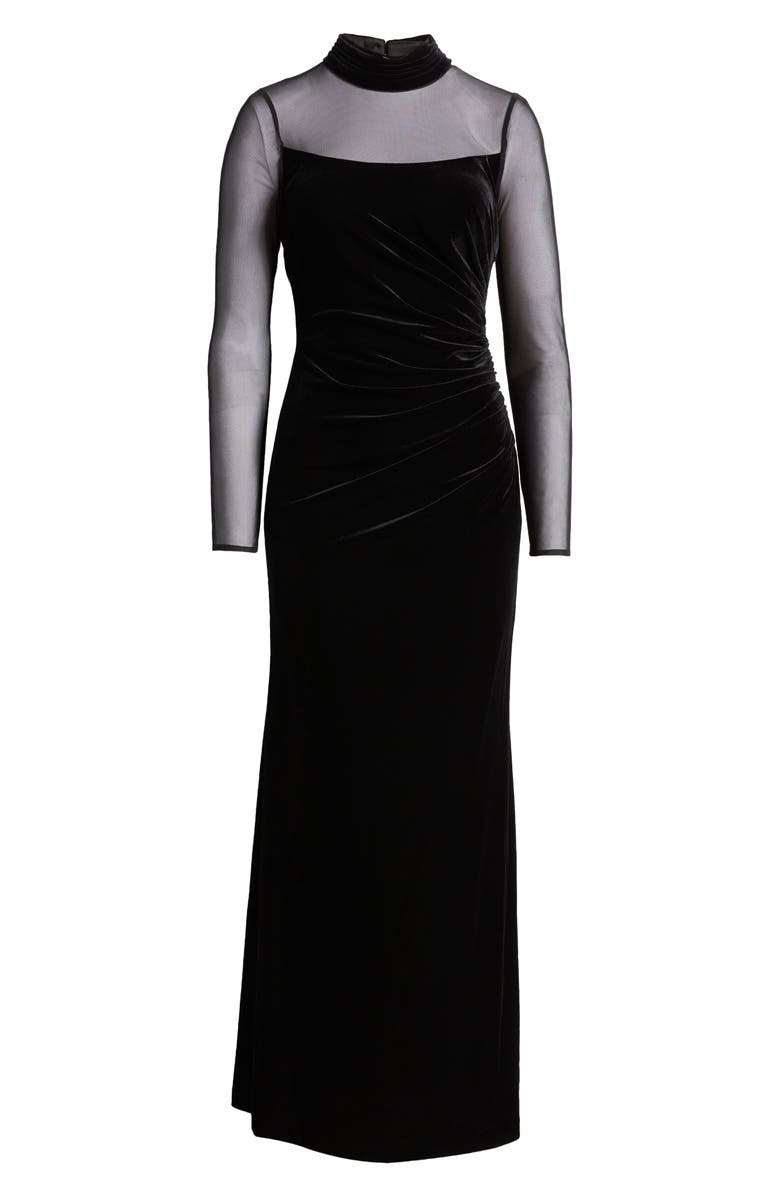 Eliza J Mock Neck Long Sleeve Mixed Media Velvet Gown, Alternate, color, 