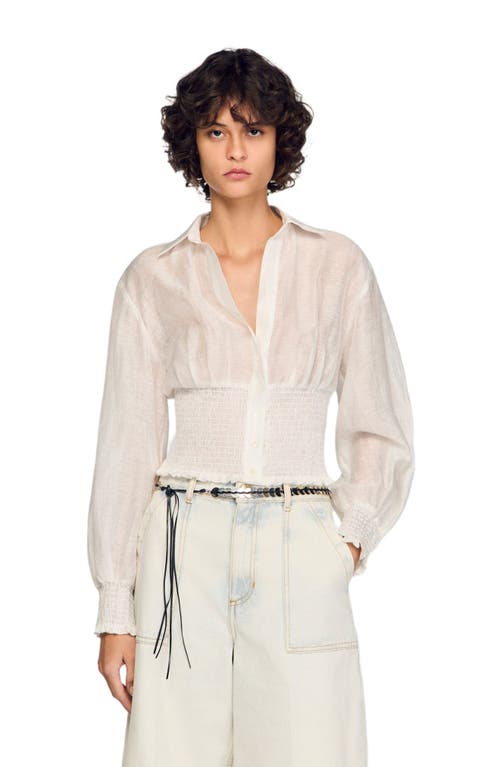SANDRO Smocked linen shirt in White at Nordstrom, Size Large