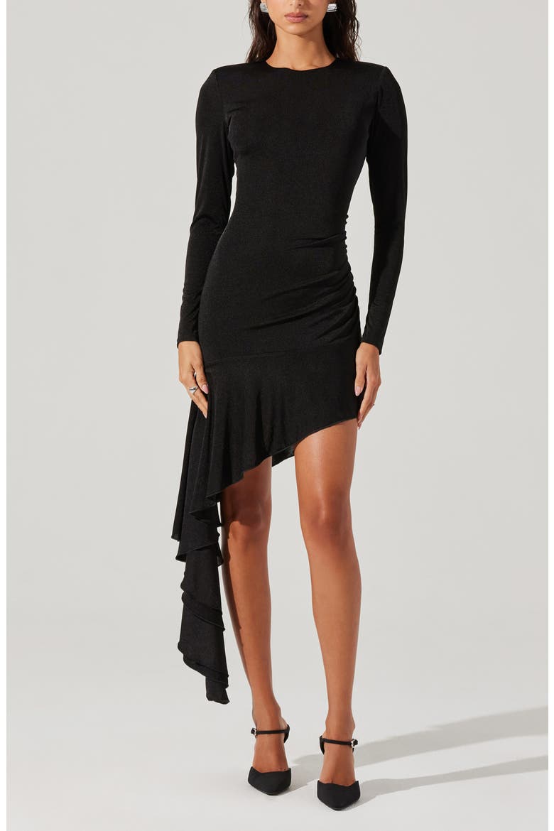 Metallic Long Sleeve Asymmetric Hem Minidress, Main, color, BLACK