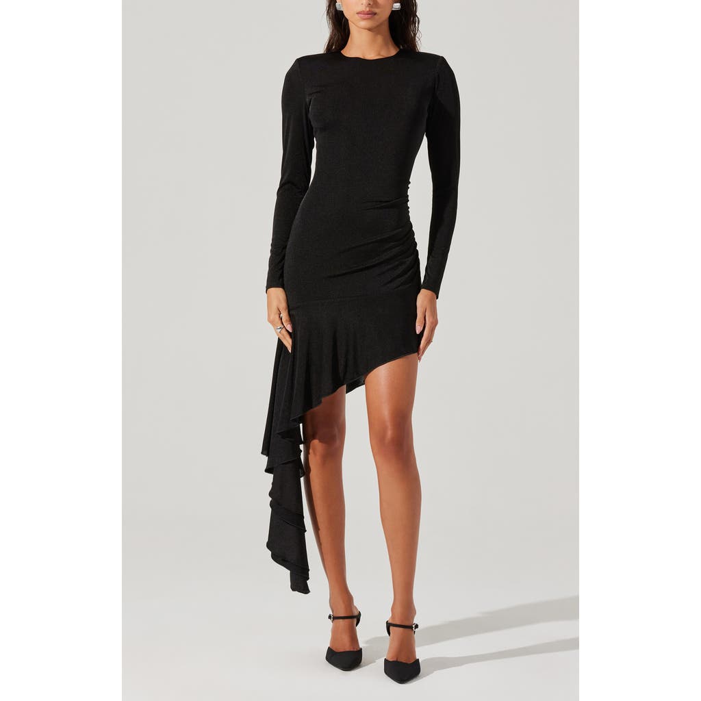 Astr The Label Metallic Long Sleeve Asymmetric Hem Minidress In Black