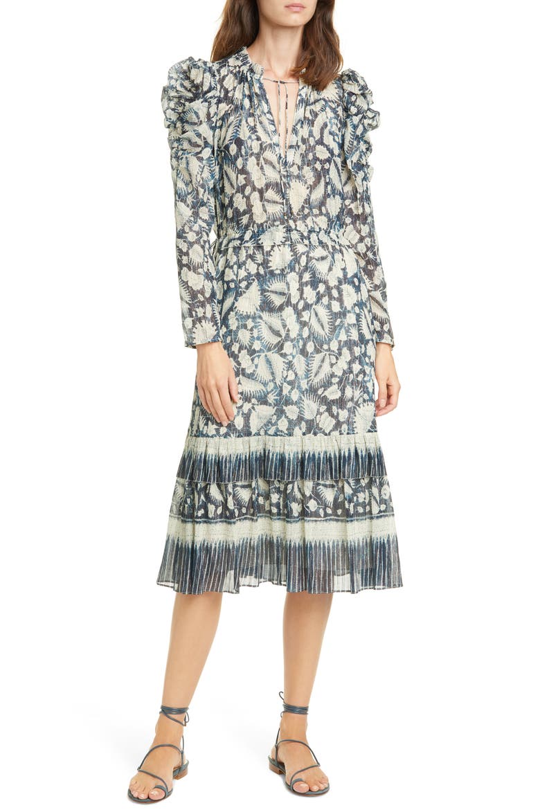Nadia Floral Long Sleeve Midi Dress, Main, color, INDIGO