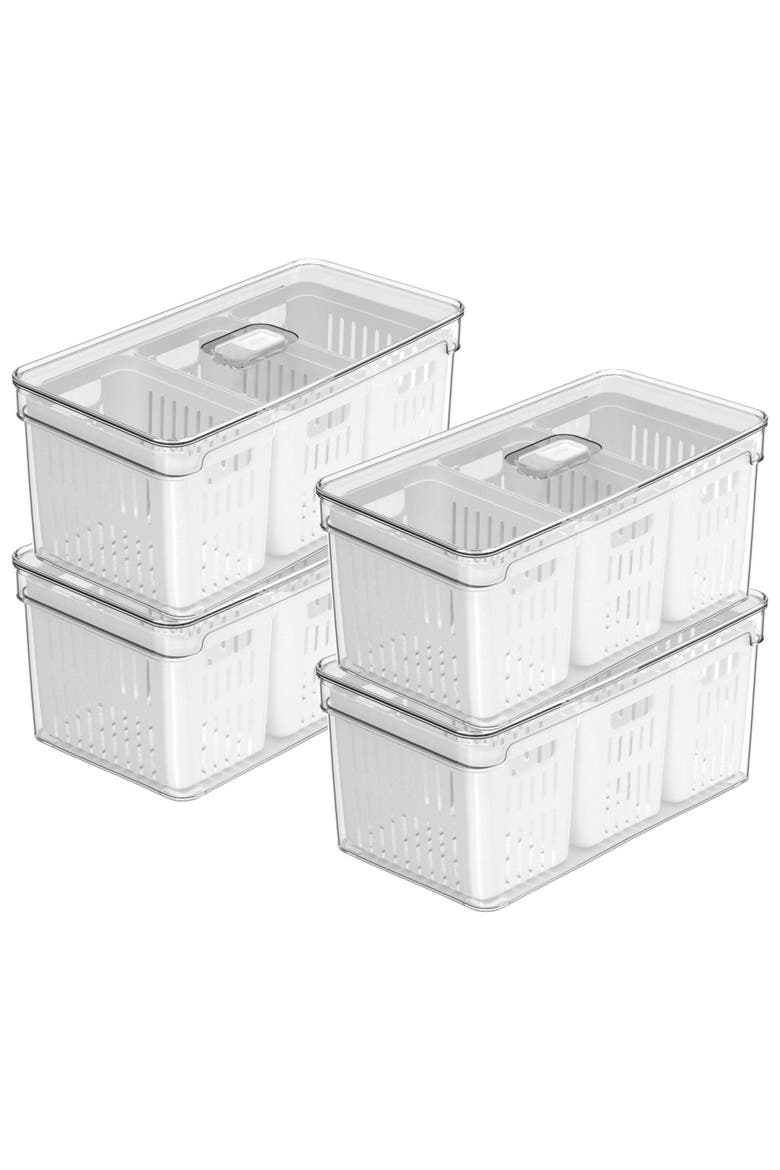 Clear Stackable Fridge Organizer Bin with Drain Basket and Vented Lid, 4 Pack, Main, color, Clear with White Drainer