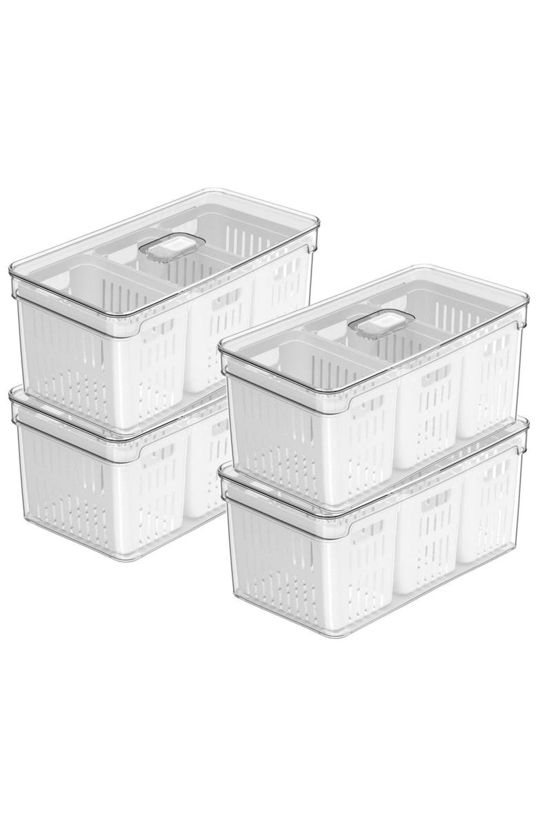 OU Clear Stackable Fridge Organizer Bin with Drain Basket and Vented Lid, 4 Pack, Main, color,