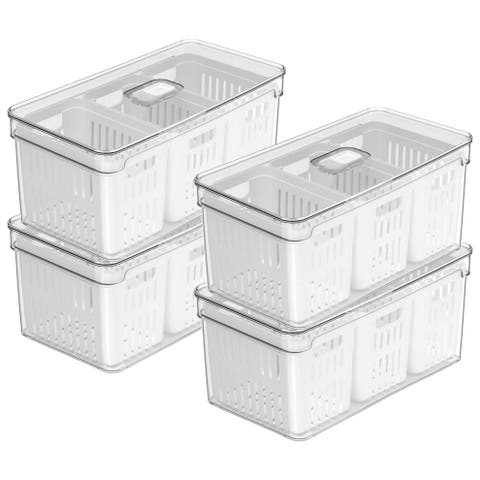 Clear Stackable Fridge Organizer Bin with Drain Basket and Vented Lid, 4 Pack