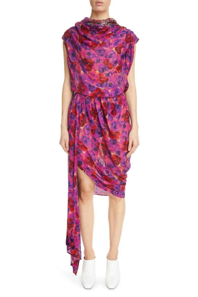 Devora Mixed Floral Print Asymmetric Minidress, Alternate, color, FUCHSIA 304