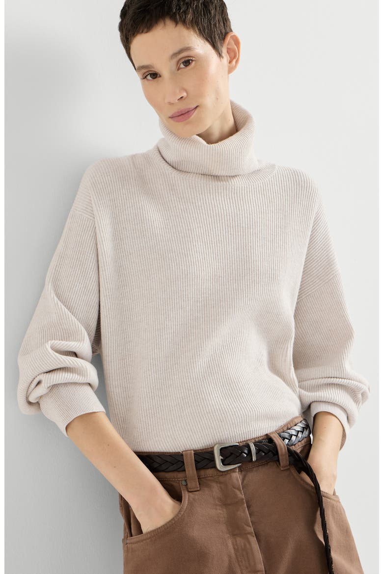 Virgin wool, cashmere and silk English rib turtleneck sweater, Alternate, color, Cool Beige
