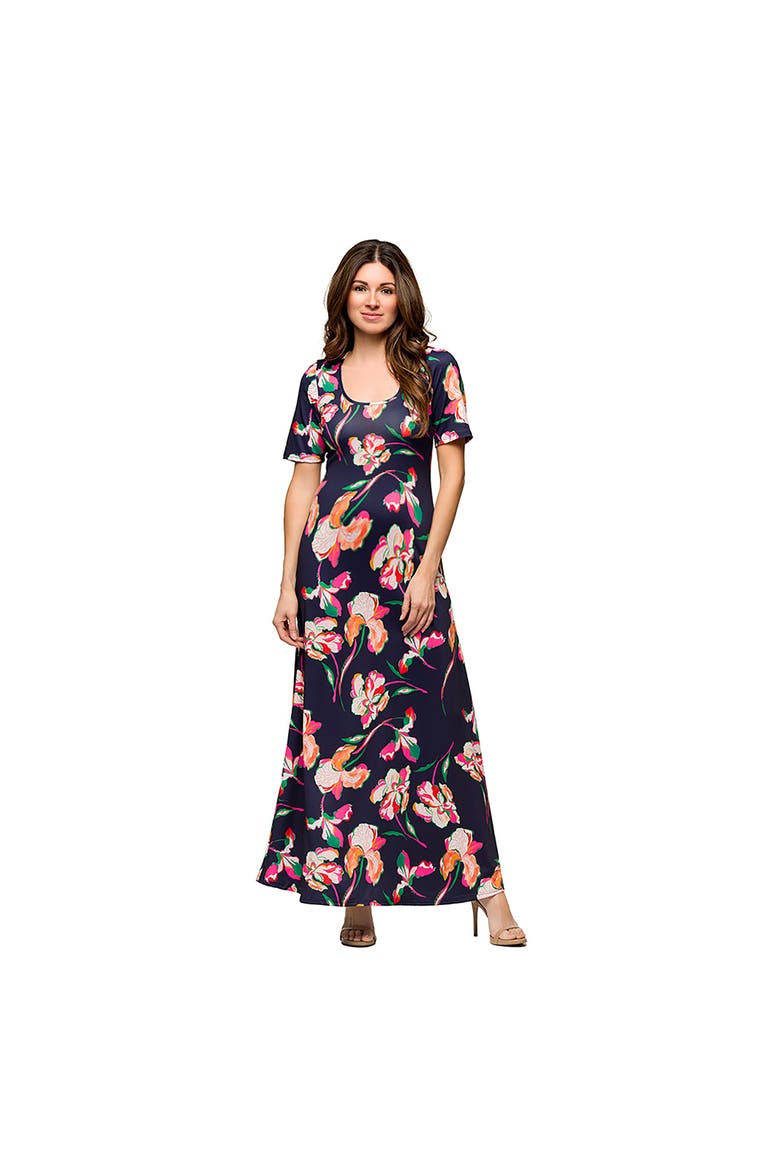 Maternity Navy Floral Print Elbow Sleeve Casual A-Line Maxi Dress, Main, color, Blue Multi