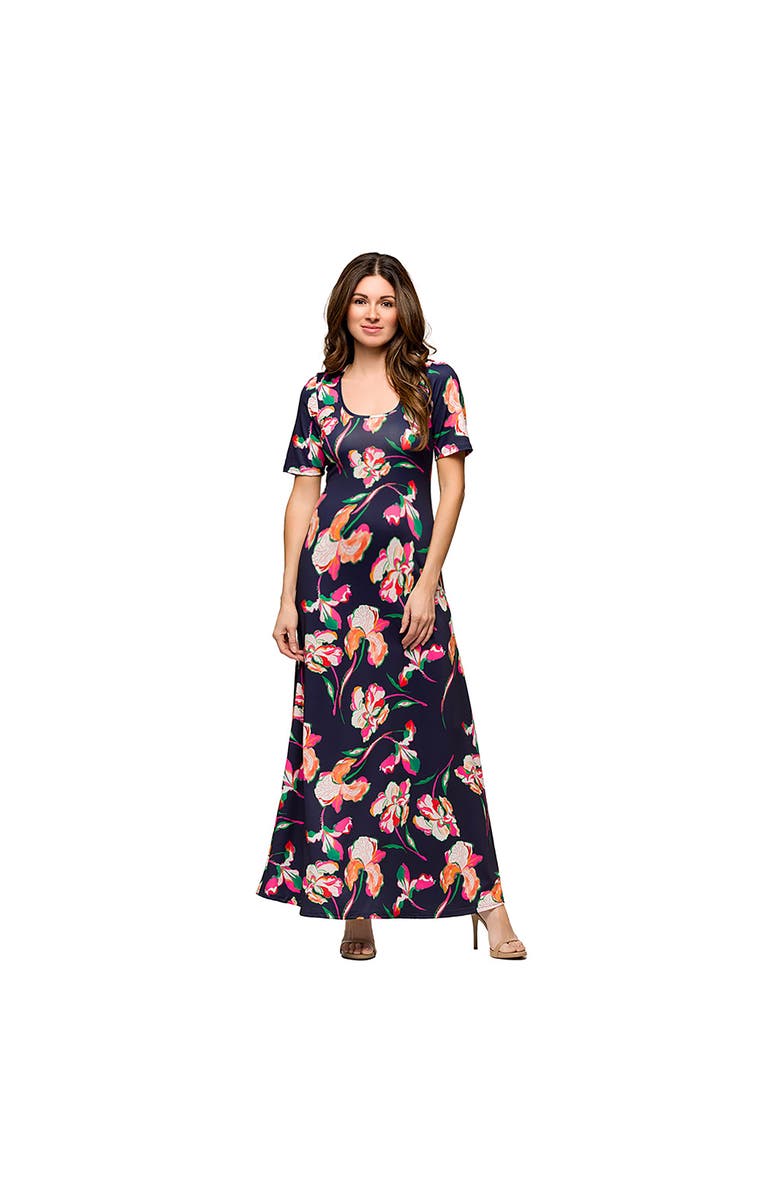 24seven Comfort Apparel Maternity Navy Floral Print Elbow Sleeve Casual A-Line Maxi Dress, Main, color, Blue Multi
