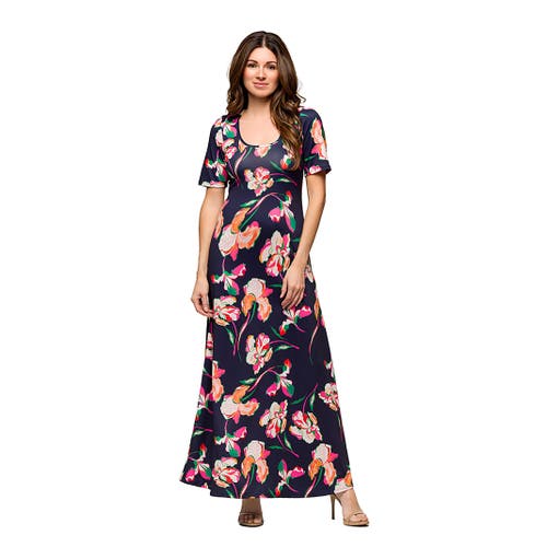 24seven Comfort Apparel Maternity Navy Floral Print Elbow Sleeve Casual A-line Maxi Dress In Black