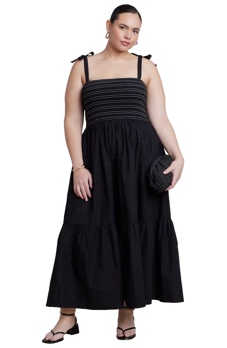ELOQUII Smocked Bodice Maxi Dress, Main, color, Black Onyx