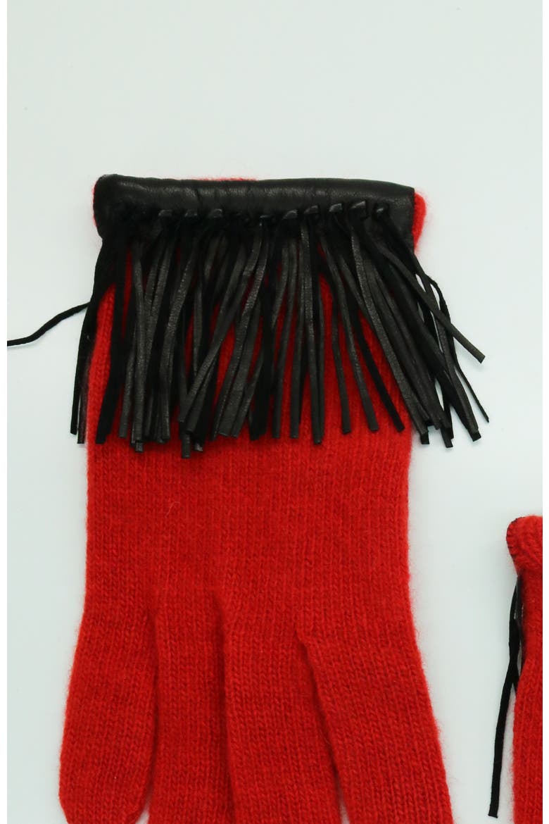 Cashmere tech gloves with leather fringes, Alternate, color, FIRE RED