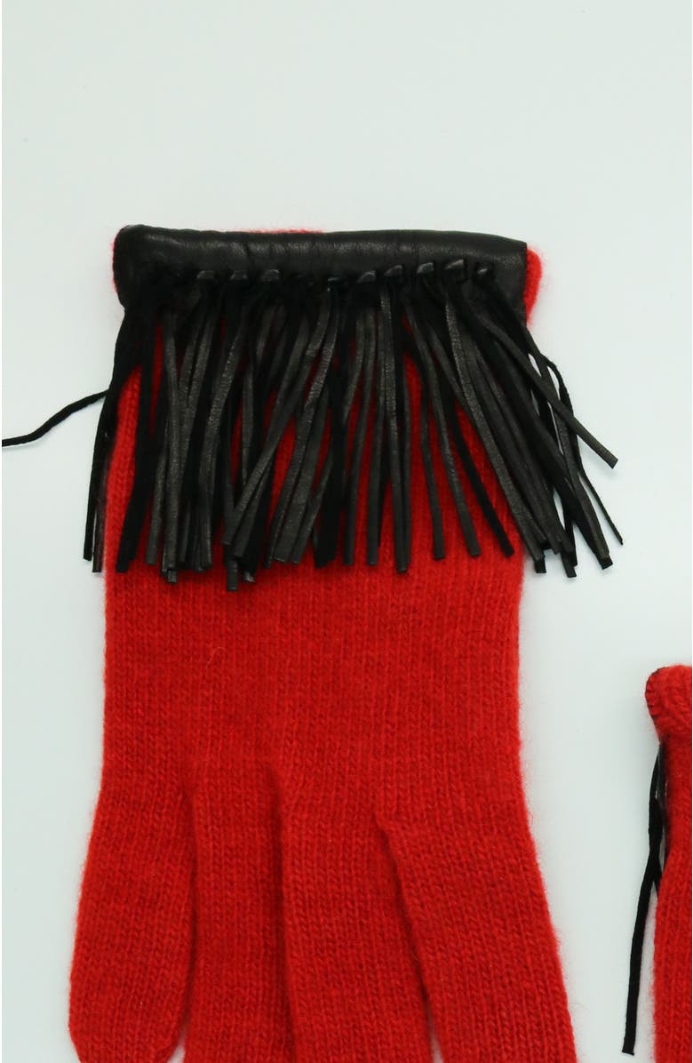 Portolano Cashmere tech gloves with leather fringes, Alternate, color, Fire Red