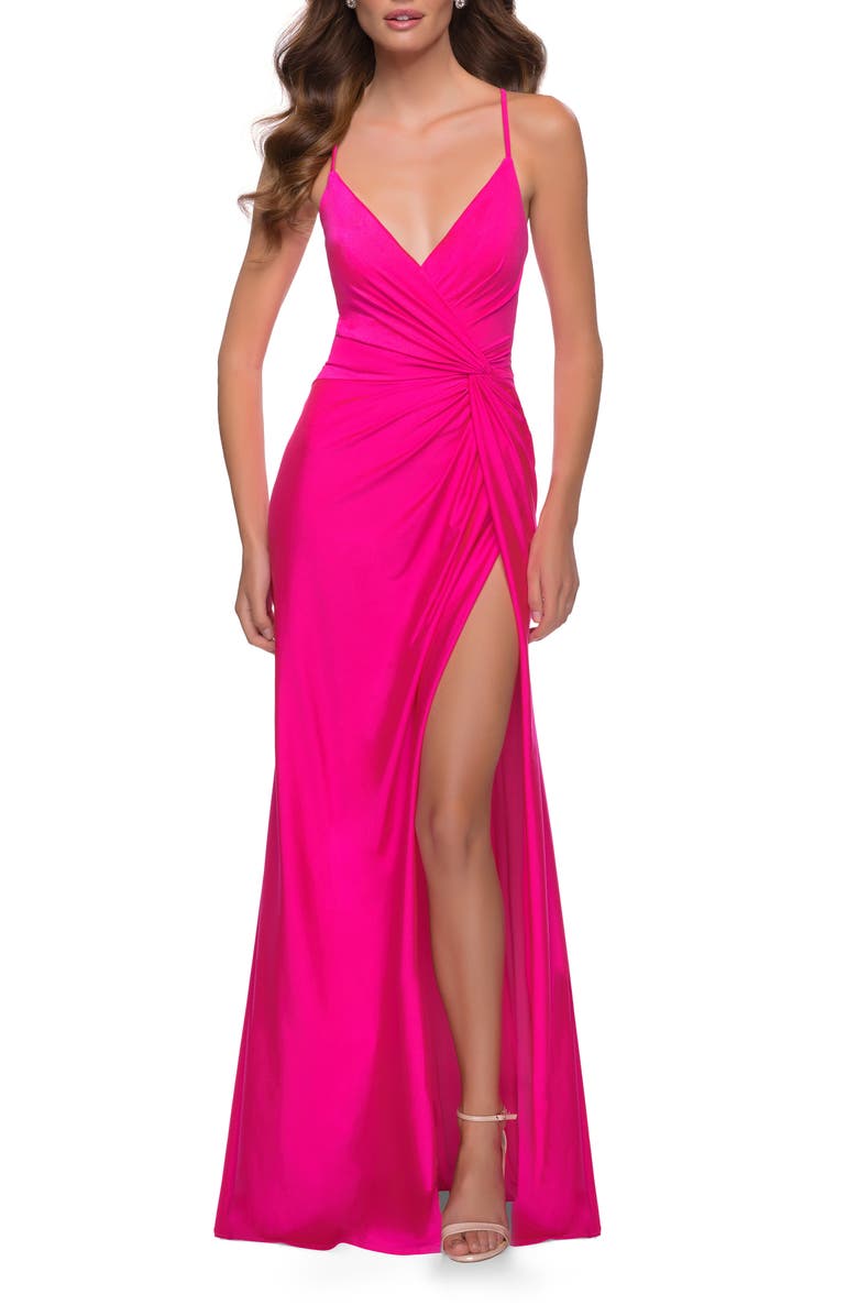 La Femme Strappy Back Jersey Gown, Main, color,