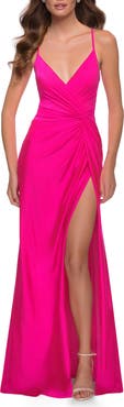 La Femme Neon Pink Jersey Gown with Knot Waist and Lace Up Back
