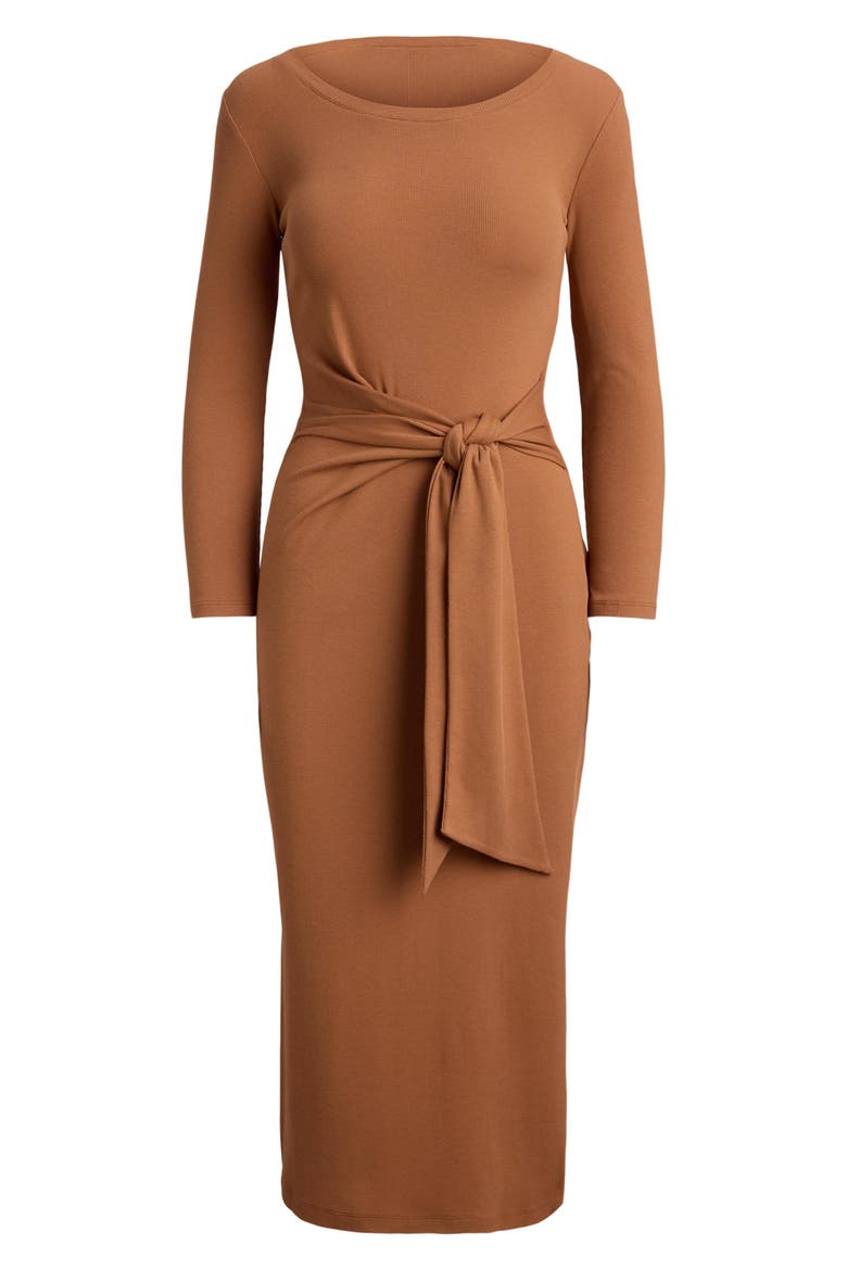 Imalah Tie Waist Rib Cotton Blend Midi Dress, Alternate, color, RED TERRACOTTA