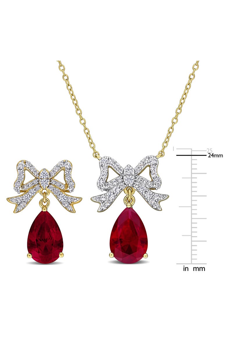 DELMAR Lab Created Ruby & White Sapphire Bow Pendant Necklace & Stud Earrings Set, Alternate, color, Red