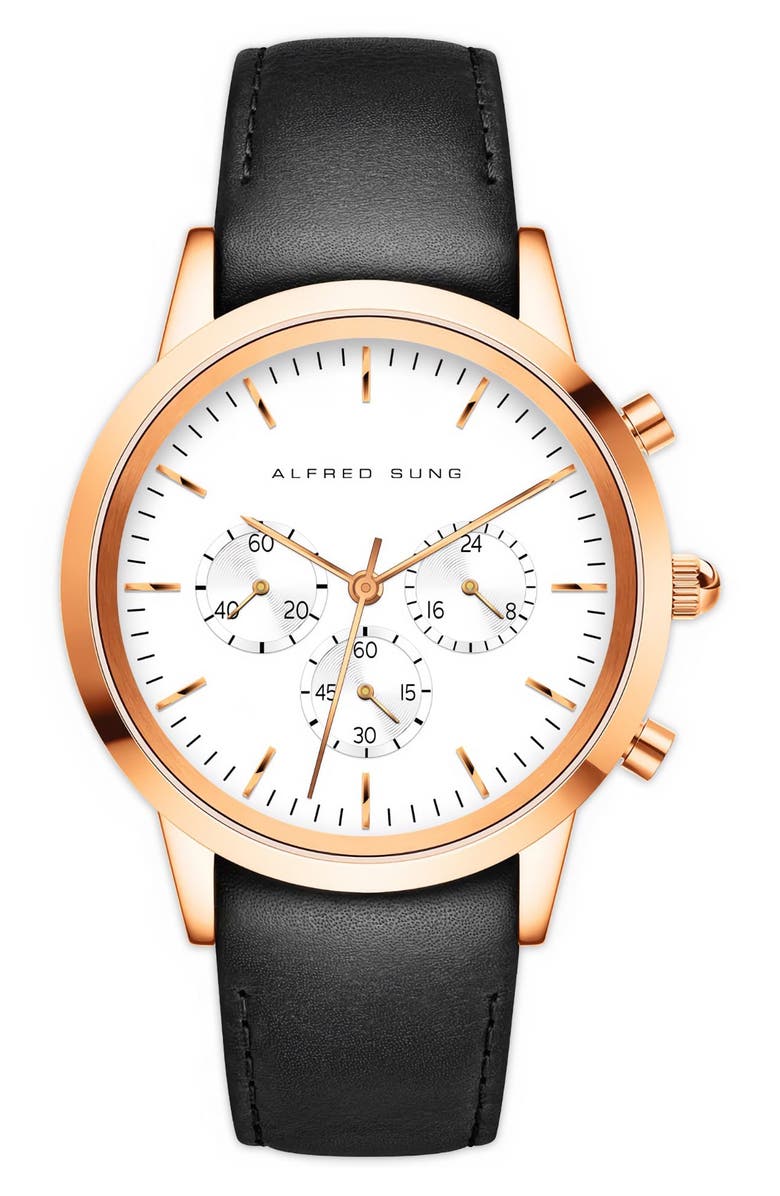 Alfred Sung Leather Strap Chronograph Watch, 42mm, Main, color,
