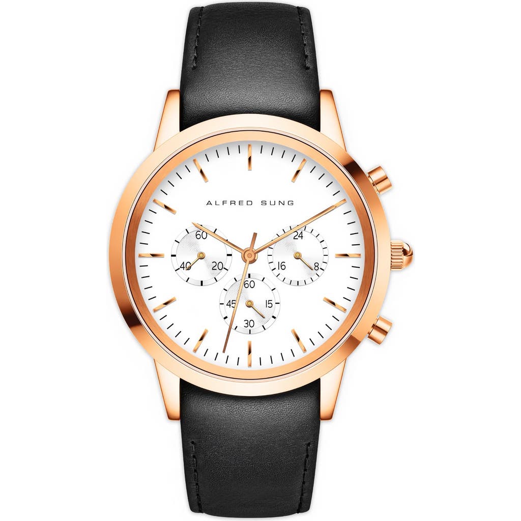 Alfred Sung Leather Strap Chronograph Watch, 42mm In Black Strap White Dial