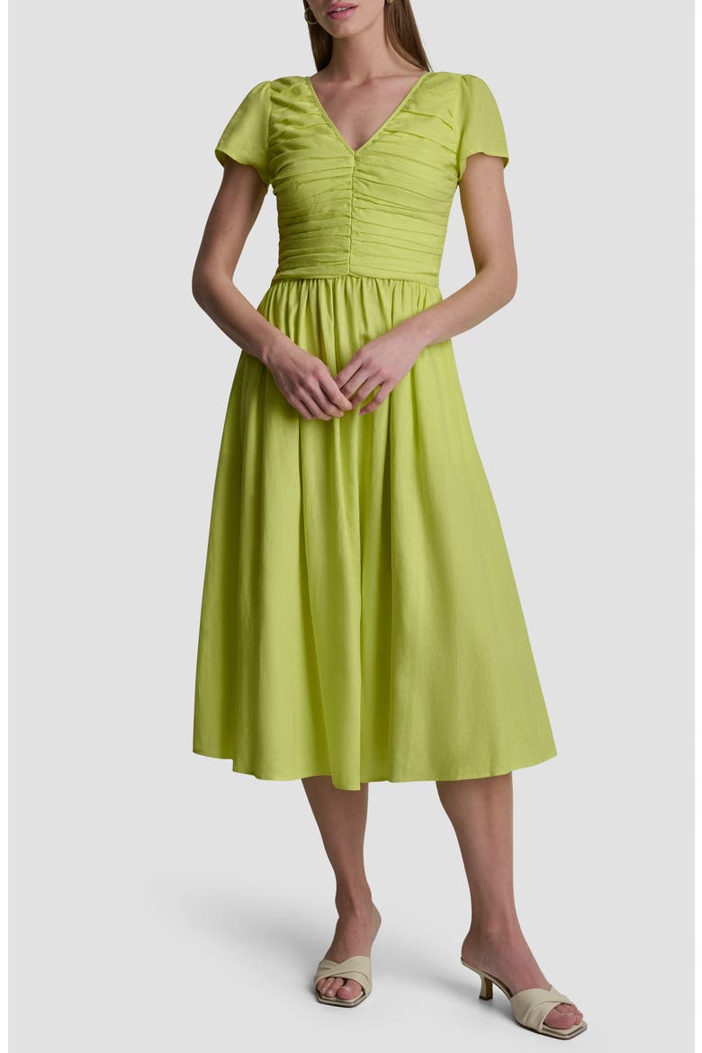 Ruched Bodice Linen Blend Midi Dress, Main, color, LIMEADE