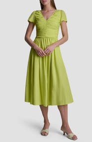 DKNY Ruched Bodice Linen Blend Midi Dress
