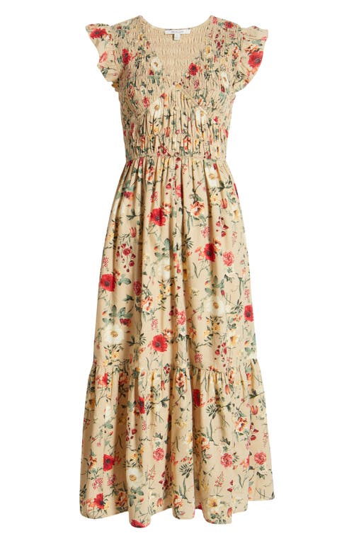 Zoe And Claire Floral Print Smocked Tiered Cotton Maxi Dress In Light Khaki Multi