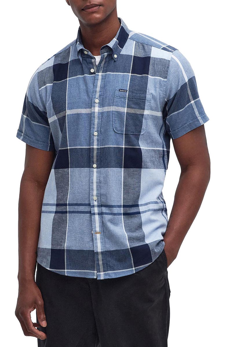 Barbour Doughill Plaid Short Sleeve Linen & Cotton Button-Down Shirt, Main, color, Berwick Blue