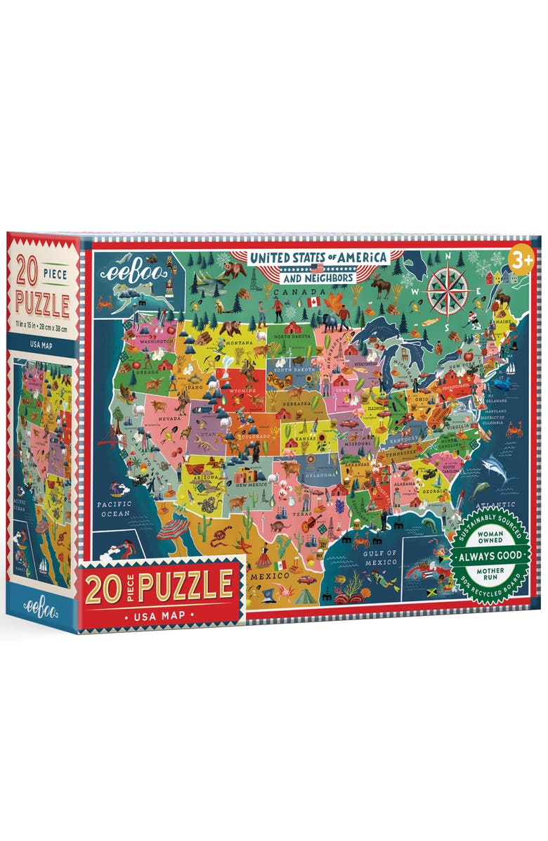 eeBoo USA Map, 20 Piece Puzzle, 11x15 Inch Geography & Cultural Awareness Jigsaw, Main, color, Multicolored