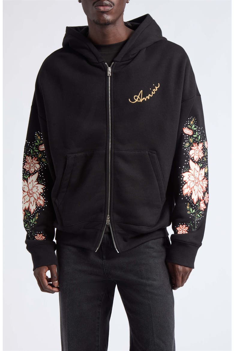 Oversize Crystal Embellished Floral Zip Hoodie, Main, color, BLACK