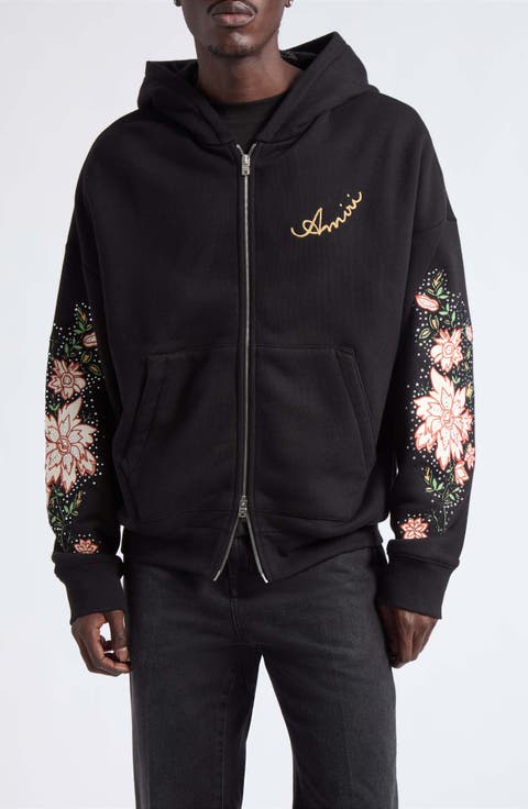 Oversize Crystal Embellished Floral Zip Hoodie