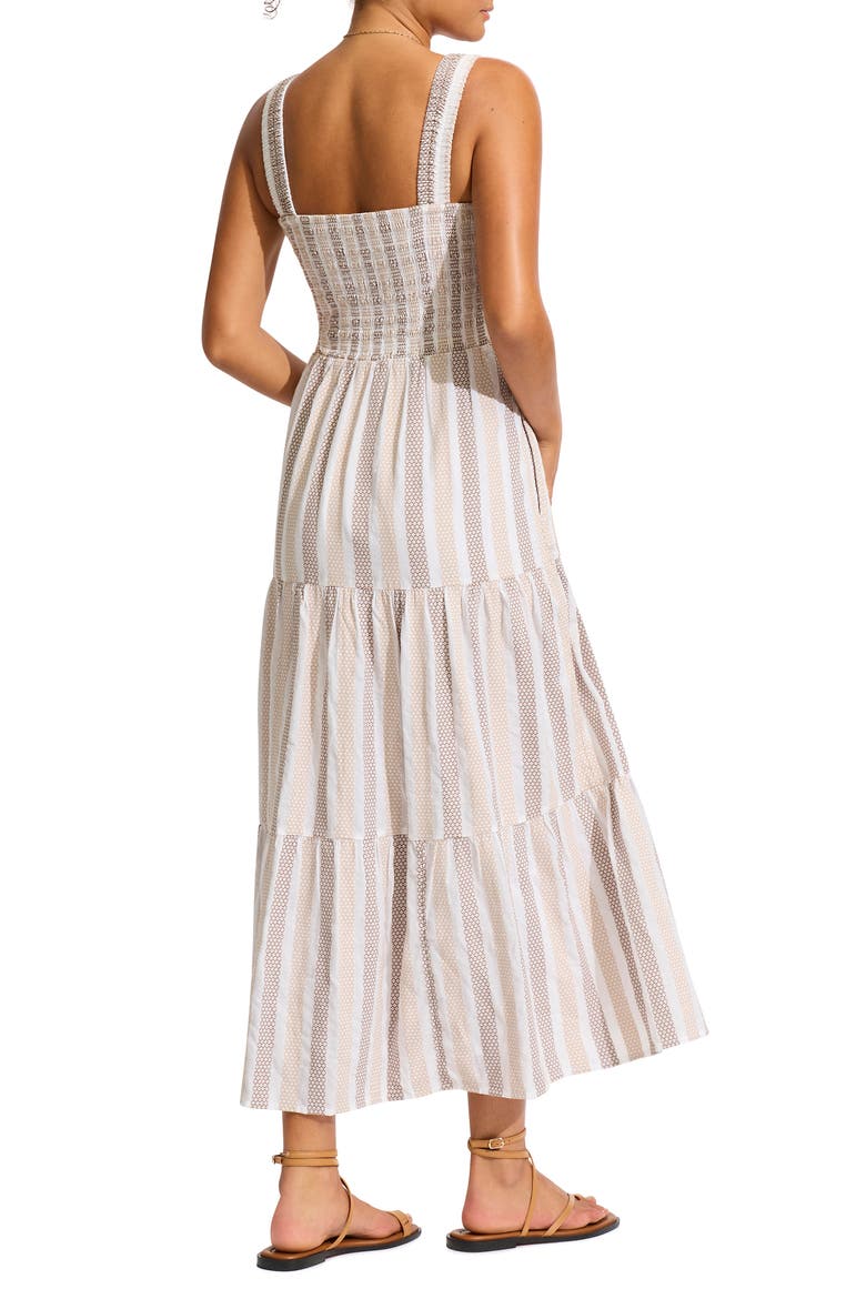 Beach Edit Embroidered Tiered Smocked Cotton Cover-Up Maxi Dress, Alternate, color, NATURAL