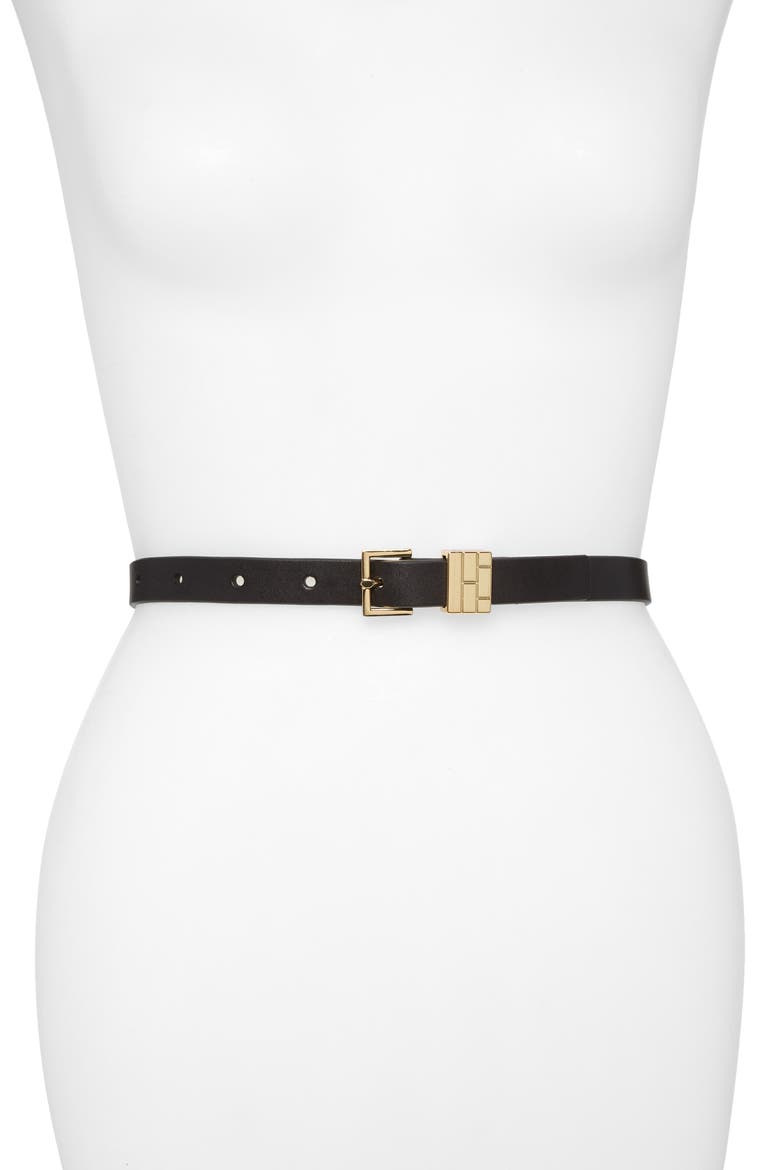 Petit Square Buckle Leather Belt, Main, color, NOIR