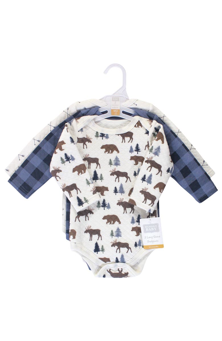 Hudson Baby Quilted Long Sleeve Cotton Bodysuits, Alternate, color, Moose Bear