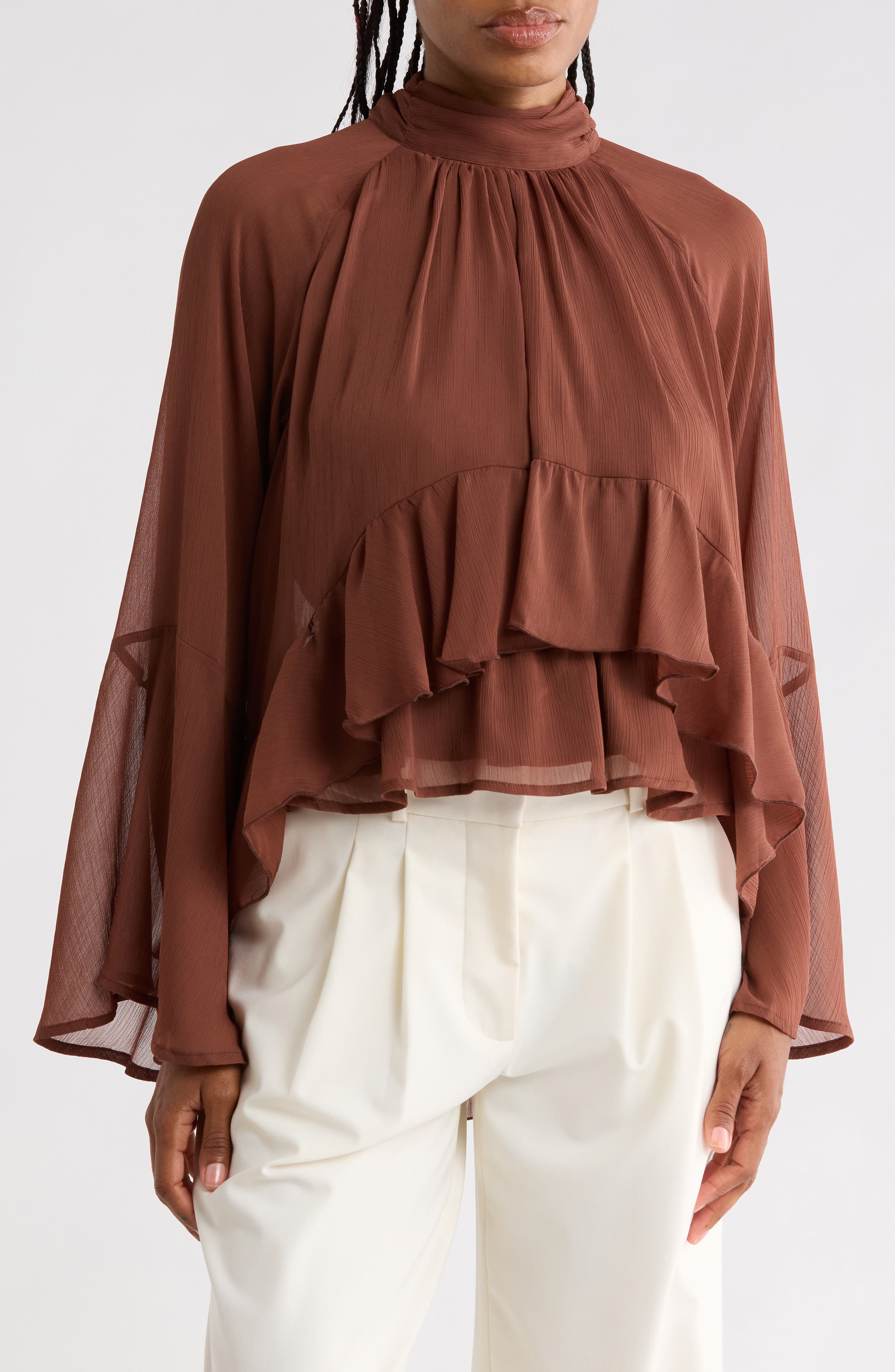Mixed Print Tie Neck Long Sleeve Top