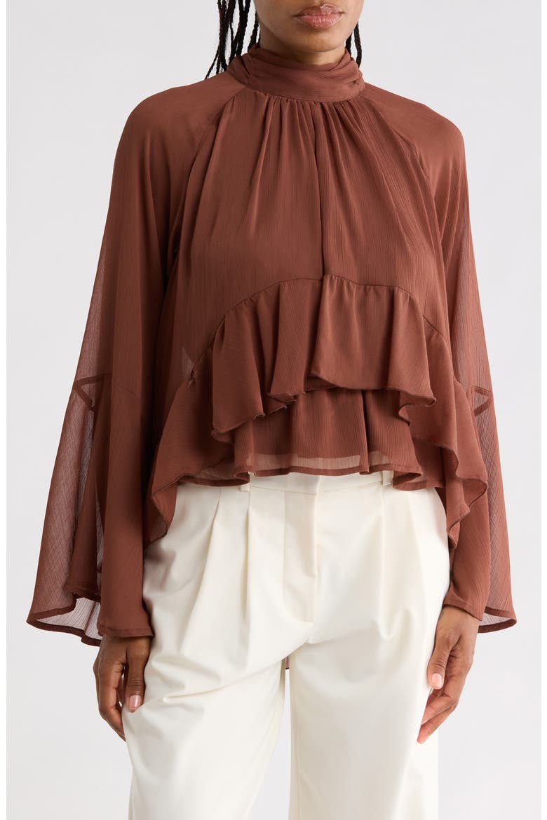 Mixed Print Tie Neck Long Sleeve Top, Main, color, BROWN