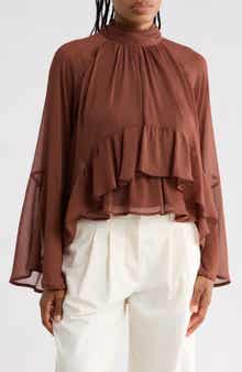 Mixed Print Tie Neck Long Sleeve Top