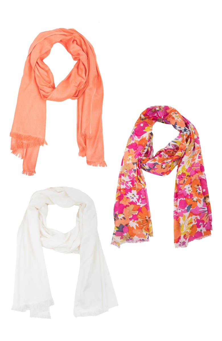 SAACHI Set of 3 Solid & Floral Scarves, Alternate, color, Orange