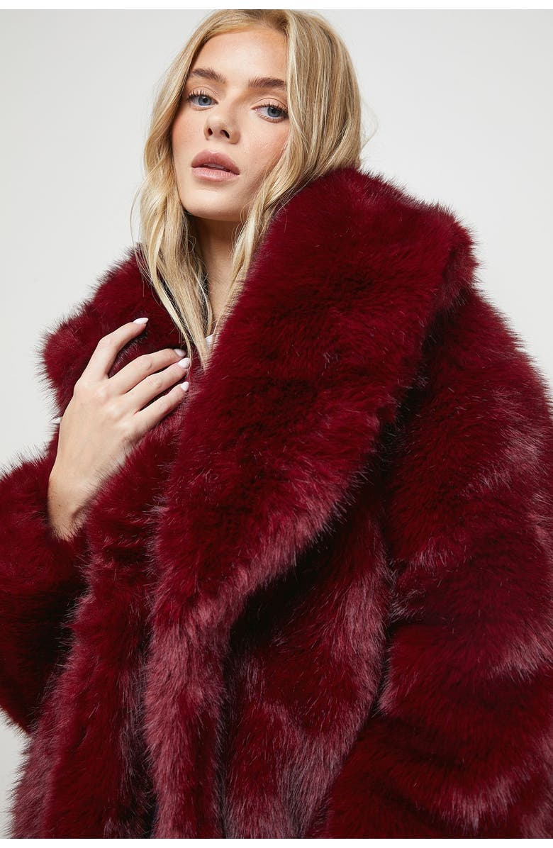 Oasis Maxi Faux Fur Plush Coat, Alternate, color, Burgundy