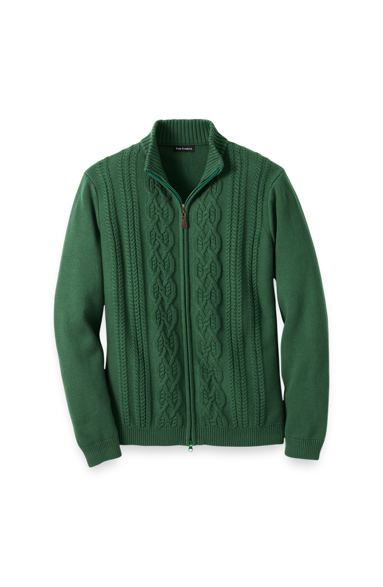 Paul Fredrick Cotton Cable Full Zip Mock Neck Sweater, Main, color, Green