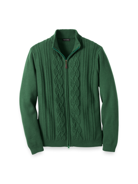 Cotton Cable Full Zip Mock Neck Sweater